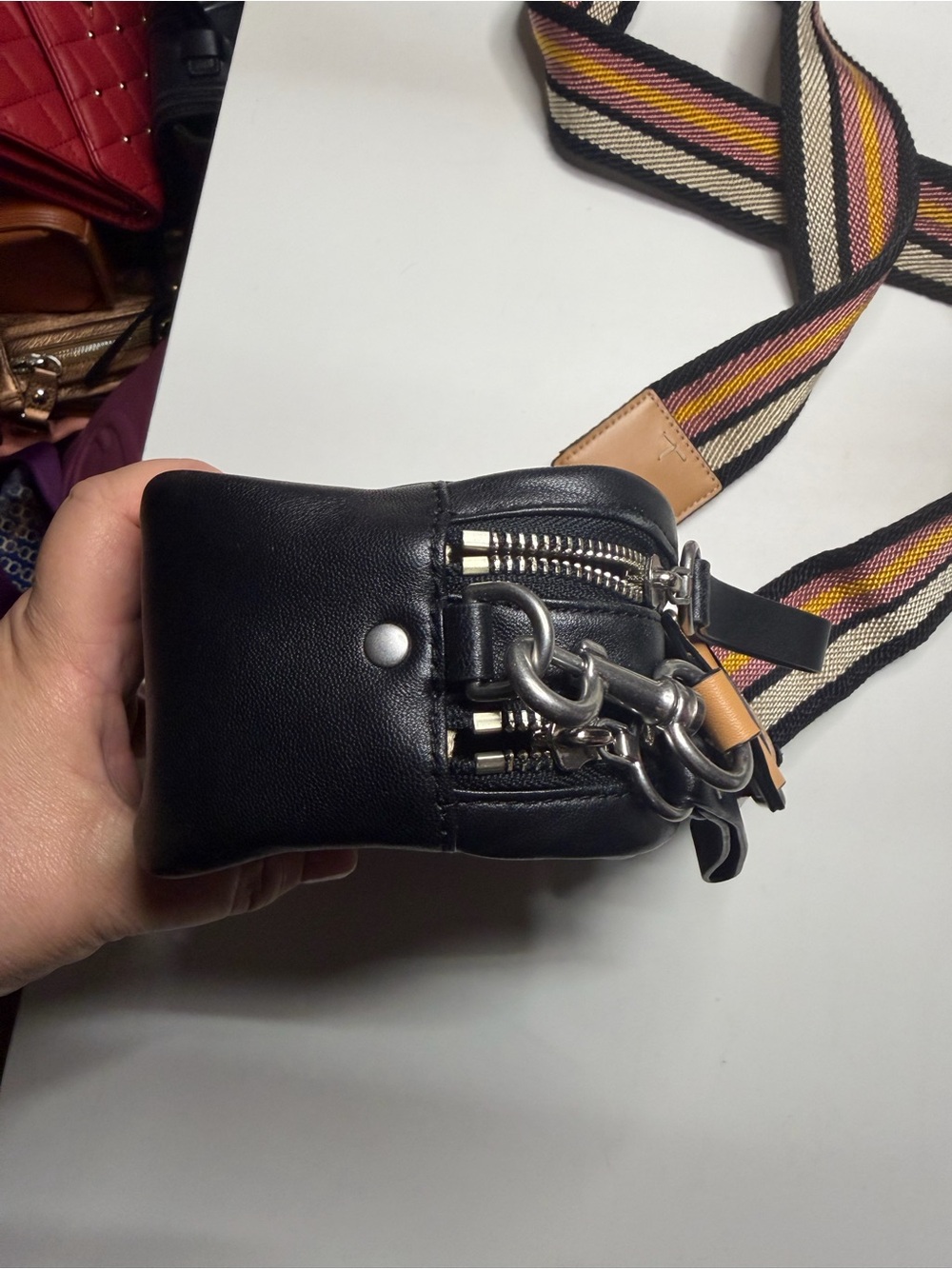 Tory Burch Black Quilted Logo Crossbody with Striped Webbing Strap - Picture 6 of 12